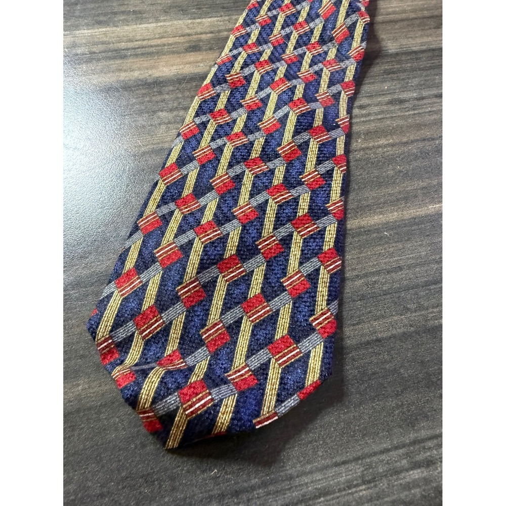Roundtree & Yorke Mens Silk Tie Navy Red Gold Geometric Basketweave Hand Made